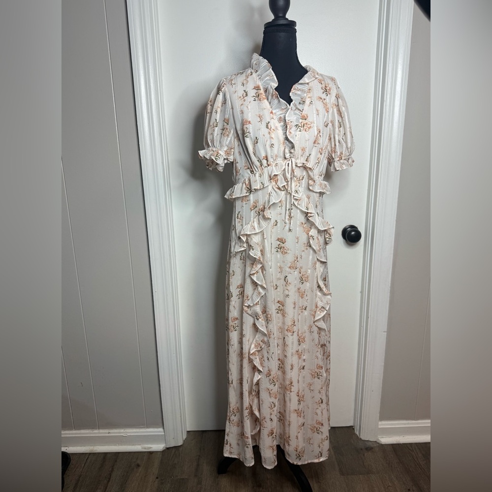 Storia Cream With Beige Floral Ruffle Maxi Women Dress Size Large